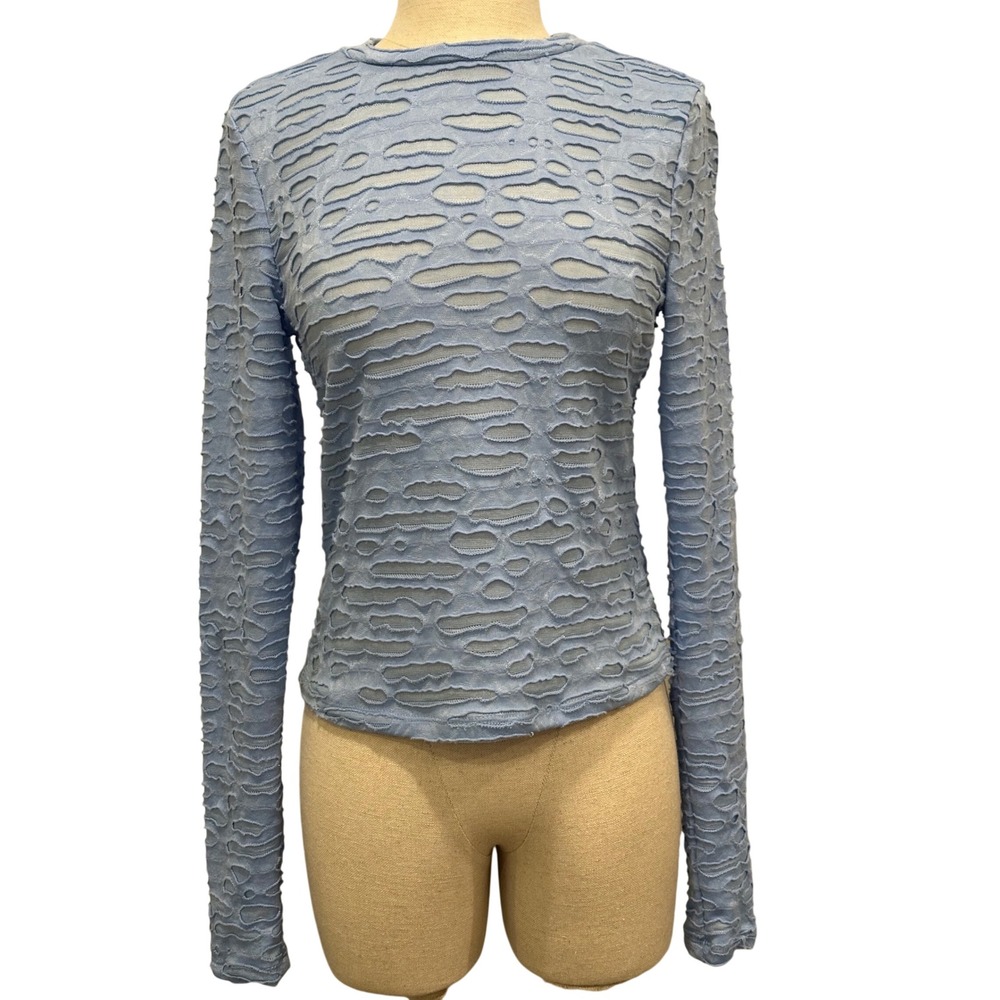 SomethingNew‎ SNSANDRA LS Short Top Light Blue Distressed Cutout Burnout Size L